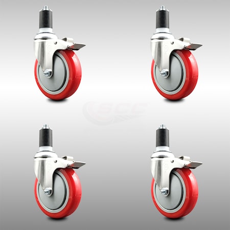 Service Caster 5 Inch 316SS Red Poly Swivel 1-1/2 Inch Expanding Stem Caster Set Lock Brake SCC-SS316TTLEX20S514-PPUB-RED-112-4